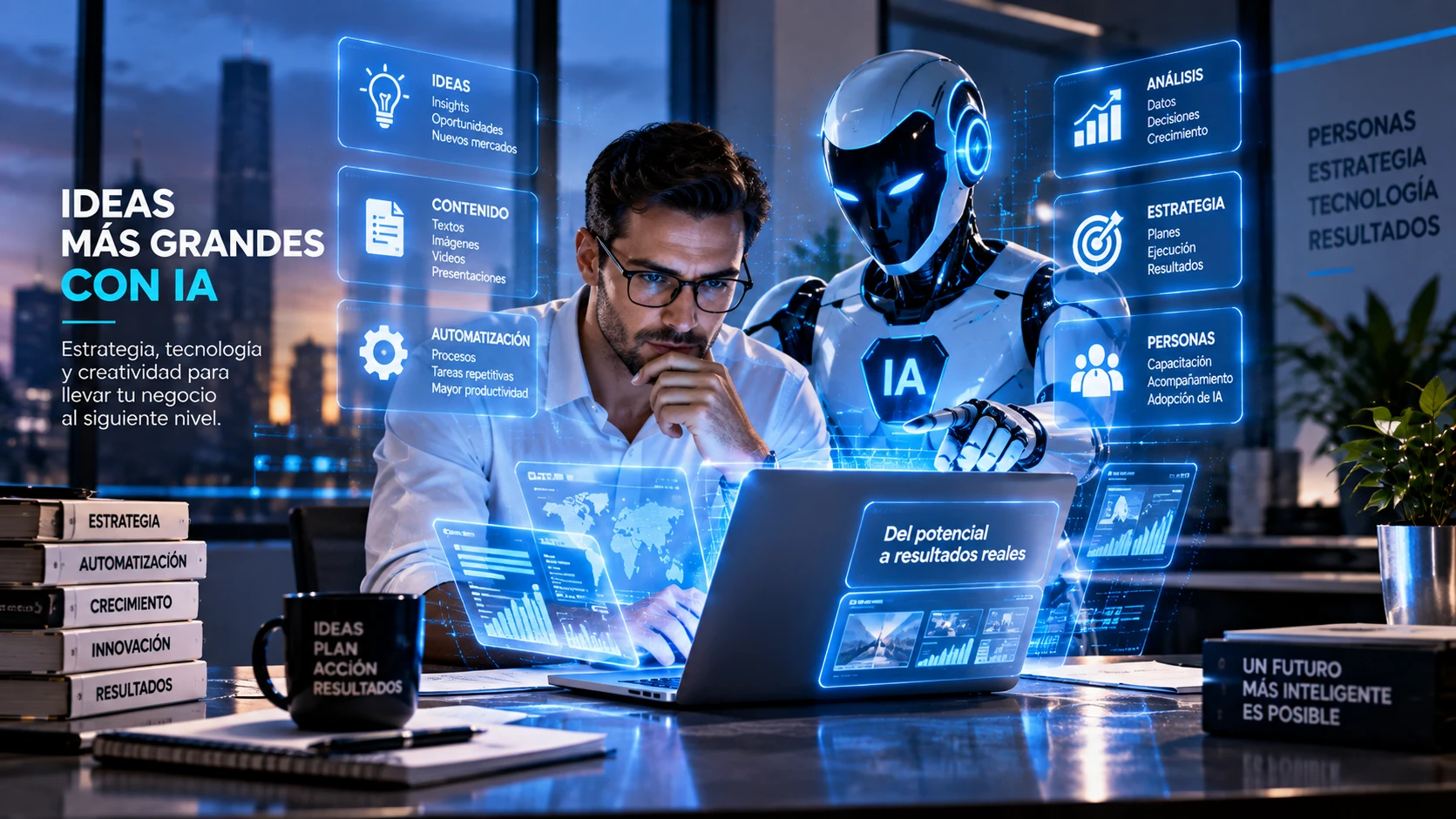 Ilustración conceptual: un profesional trabaja con una laptop junto a un asistente de inteligencia artificial representado como robot, con paneles holográficos de ideas, contenido, automatización, análisis, estrategia y personas.