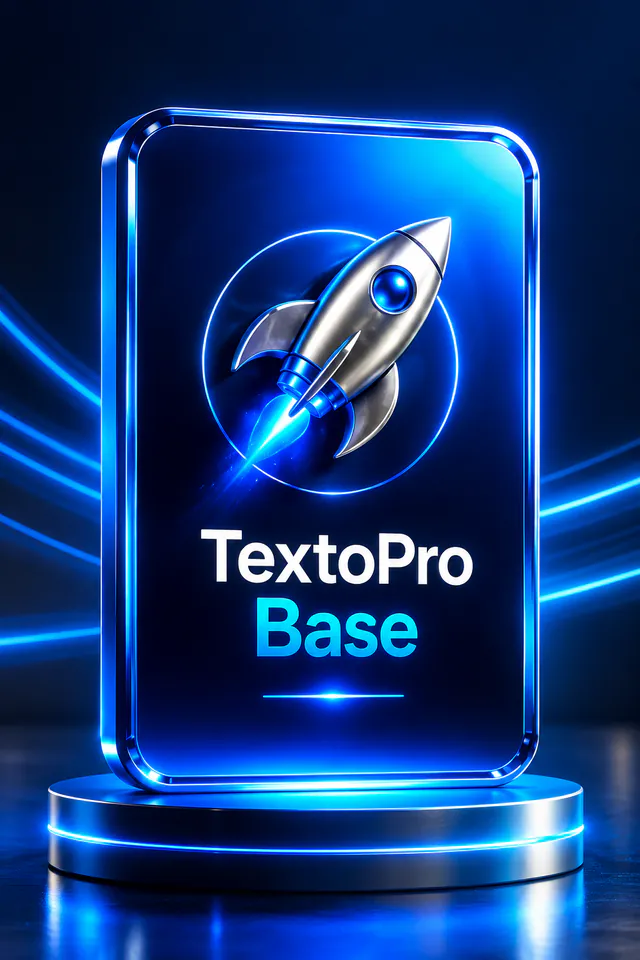 Tarjeta del programa TextoPro Base: un cohete plateado sobre fondo azul eléctrico