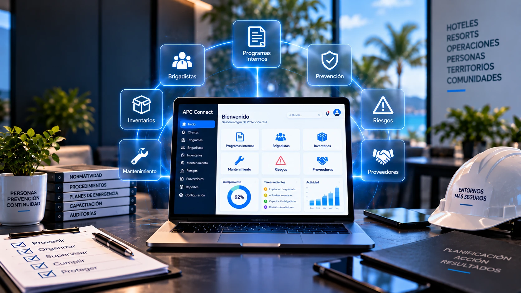 Vista conceptual de APC Connect: una laptop con un panel de gestión rodeada de íconos de módulos como Programas Internos, Brigadistas, Inventarios, Mantenimiento y Riesgos.