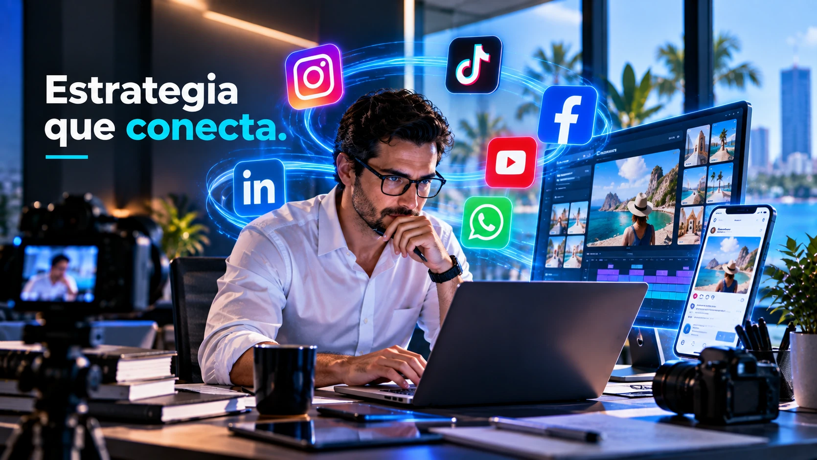 Profesional frente a su laptop planificando estrategia de contenido, rodeado de íconos de redes sociales y una pantalla de edición, con el texto «Estrategia que conecta».